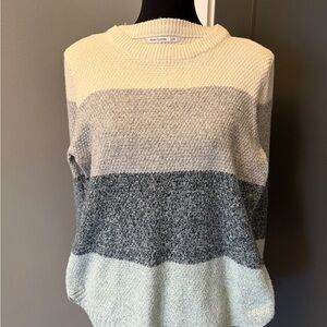Cozy Striped Crew Neck Sweater - Cream, Gray, and Blue